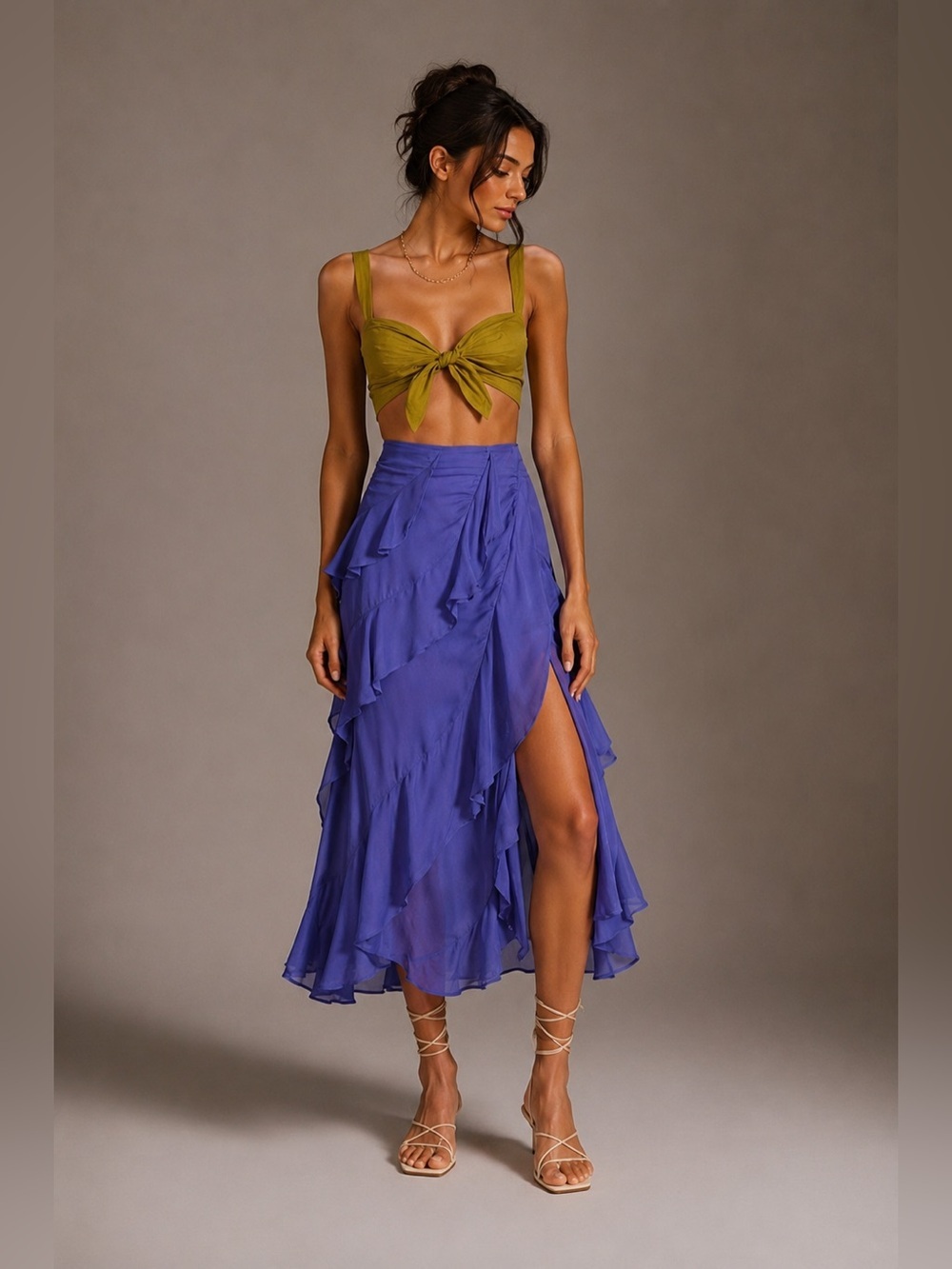 Anthropologie Indigo Ruffle Wrap Maxi Skirt High Slit Boho Romantic Size